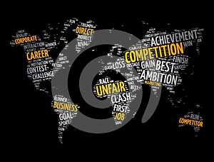 Competition word cloud in shape of world map, business concept background