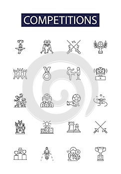 Competitions line vector icons and signs. Tournaments, Races, Challenges, Games, Tests, Matches, Duel, Contend outline