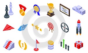 Competitive Advantage icons set isometric vector. Win team