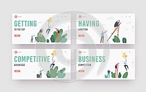 Competitive Advantage Landing Page Template Set. Characters Walking on Stilts, Climbing Ladder and Flying on Balloons