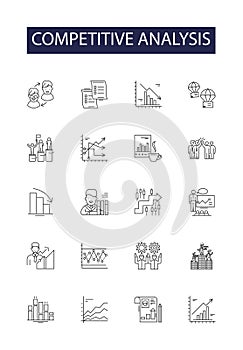 Competitive analysis line vector icons and signs. Competitor, Competitive, Strategies, MarkeShare, Performance, Profiles