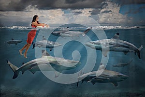 Competitive Business Concept With Businesswoman and Sharks photo