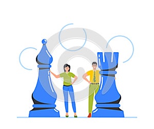 Competitive Business People Man And Woman Competing With Chess Pieces. Conflict And Opposition, Business Strategy