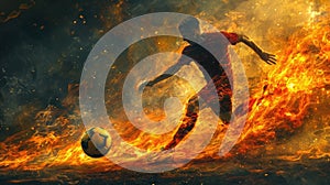 Competitive, concentrated young man, football player in motion running, dribbling ball against fire background. Flame