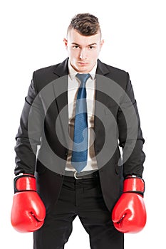 Competitive corporate boss wearing boxing gloves