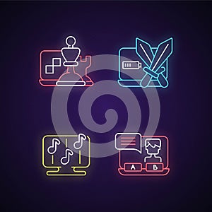 Competitive games types neon light icons set