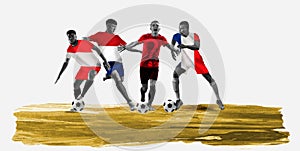 Competitive men, soccer players in motion representing team of Austria, Netherlands, France, Playoff winner A