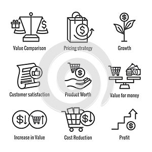 Competitive Pricing Icon Set with Growth, Profitability, & Worth photo