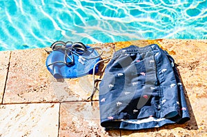 Competitive swimming equipment, kick board, goggles, ear plugs, swim cap and bathing suit