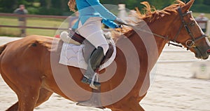 Competitive woman rider on horse jumping over obstacles, slow motion, equestrian competition outdoors. Training jumping