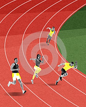 Competitive young people, men and women running on stadium, preparing for competition. Contemporary art collage.