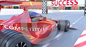 Competitiveness and success - pictured as word Competitiveness and a f1 car, to symbolize that Competitiveness can help achieving