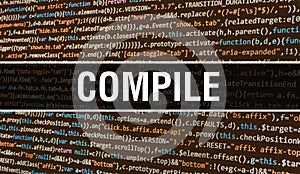 Compile concept with Random Parts of Program Code. Compile with Programming code abstract technology background of software photo