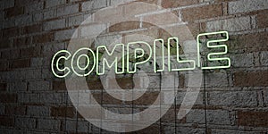 COMPILE - Glowing Neon Sign on stonework wall - 3D rendered royalty free stock illustration photo