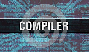 COMPILER with Digital java code text. COMPILER and Computer software coding vector concept. Programming coding script java,