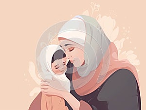 A compionate Muslim woman in hijab holds a delighted child in her arms speaking words of comfort and understanding.. AI