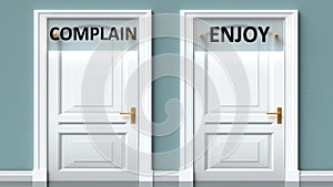 Complain and enjoy as a choice - pictured as words Complain, enjoy on doors to show that Complain and enjoy are opposite options