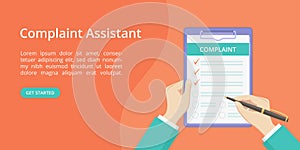 Complaint form on clipboard with hand landing page