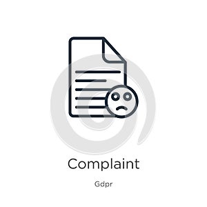 Complaint icon. Thin linear complaint outline icon isolated on white background from gdpr collection. Line vector complaint sign,