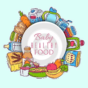 Complementary food for babies vector illustration. Baby bottles, puree jars, fruits and vegetables behind white circle