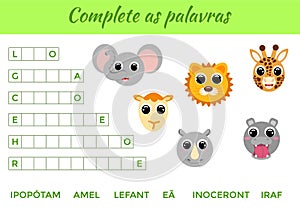 Complete as palavras - Complete the words, write missing letters. Matching educational game for children with cute animals.