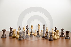 Complete and detailed set of chess on a wood table
