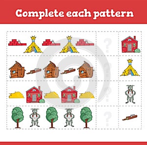 Complete each pattern Education games with three little pigs. Preschool or kindergarten worksheet. Vector illustration