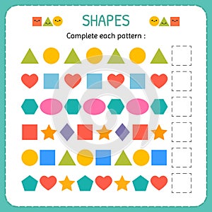 Complete each pattern. Learn shapes and geometric figures. Preschool or kindergarten worksheet photo