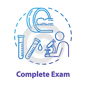 Complete exam concept icon. Health treatment. Illness examination. Disease diagnosis. Clinic test. Professional lab