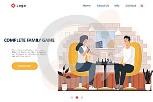 Complete family game landing page template with happy family or friends playing chess at home