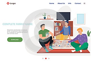 Complete family game landing page template with happy family or friends playing logic strategic game