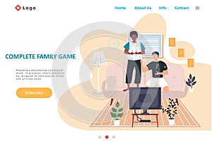 Complete family game landing page template with happy family or friends playing video games