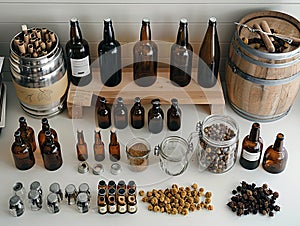 Complete homebrewing equipment setup for beginners, including a fermenter, bottles, and a brewing guide, neatly organized on a photo