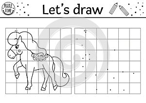 Complete the horse picture. Vector fairytale drawing practice worksheet. Printable black and white activity for preschool kids.