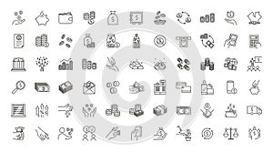 Complete money and finance related 66 icons set. Vector editable thin line icons for subjects related with currencies, payments