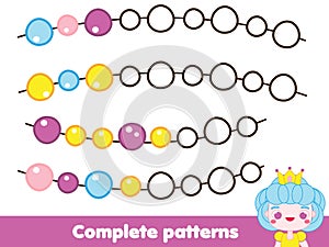 Complete patterns. Educational game for children. Drawing activity for kids. Color patterns