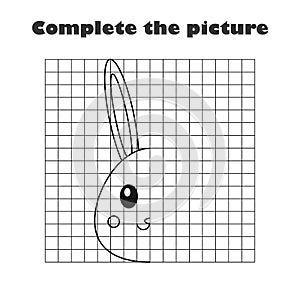 Complete the picture, black white cartoon bunny, drawing skills training, easter educational game for the development of children