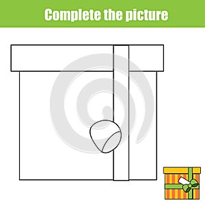 Complete the picture children educational game, coloring page. Kids activity with gift box. Printable drawing worksheet