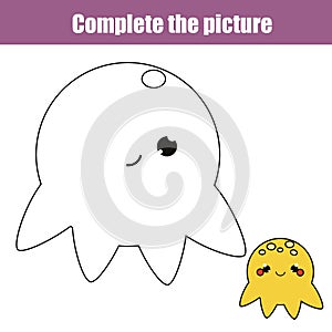 Complete the picture children educational game, coloring page. Kids activity sheet with cute jellyfish