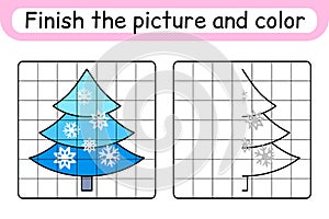 Complete the picture christmas tree. Copy the picture and color. Finish the image. Coloring book. Educational drawing exercise