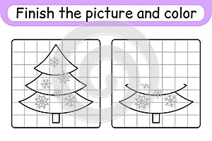 Complete the picture christmas tree. Copy the picture and color. Finish the image. Coloring book. Educational drawing exercise
