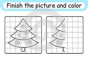 Complete the picture christmas tree. Copy the picture and color. Finish the image. Coloring book. Educational drawing exercise