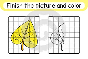 Complete the picture leaf birch. Copy the picture and color. Finish the image. Coloring book. Educational drawing exercise game