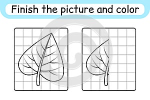 Complete the picture leaf birch. Copy the picture and color. Finish the image. Coloring book. Educational drawing exercise game