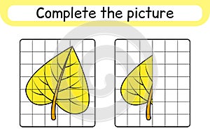 Complete the picture leaf birch. Copy the picture and color. Finish the image. Coloring book. Educational drawing exercise game