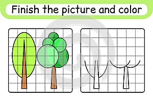 Complete the picture tree. Copy the picture and color. Finish the image. Coloring book. Educational drawing exercise game for