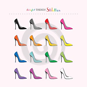 Complete rainbow color sexy stilettos high heels icons set on light pink