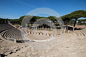 Almost complete Roman theater in Ostia antica. Drama place in an