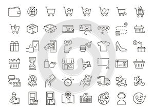 Complete set with 48 icons related with Online shopping, delivery services, takeaway and online stores express home service