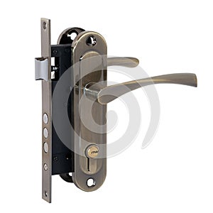 Complete set of a bronze-colored door lock with three round bolts and a latch, with a handle on the bar and a cylinder